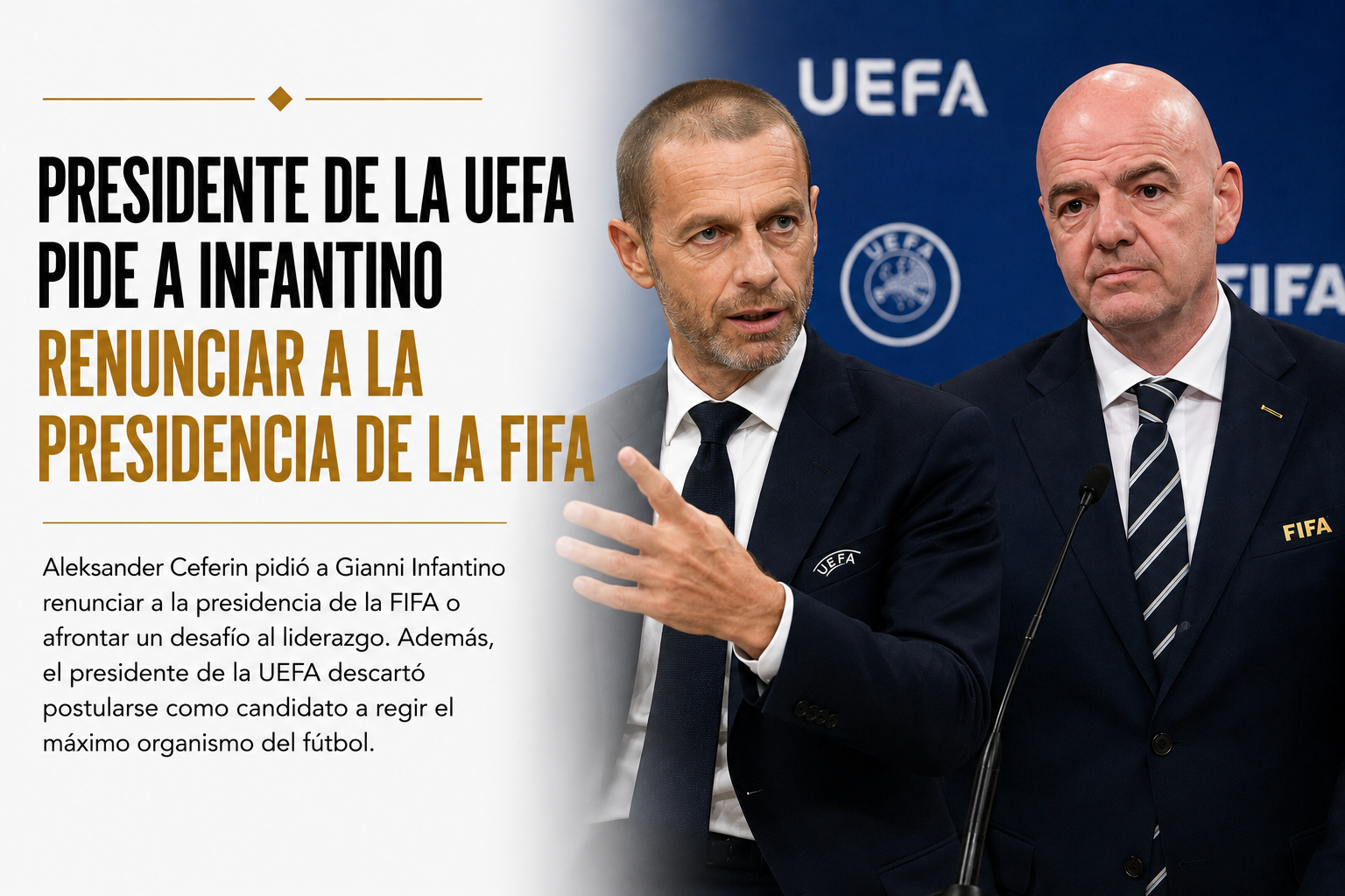 Presidente de la UEFA pide a Infantino renunciar a la presidencia de la FIFA